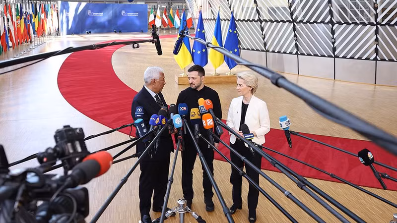 Ukrainian President Volodymyr Zelenskiy, European Council President Antonio Costa and European Commission President Ursula von der Leyen speak to the media as they attend a European Union leaders special summit to discuss Ukraine and European defence, in Brussels, Belgium March 6, 2025 (Photo: European Council)