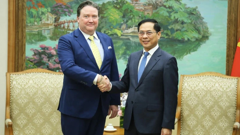 Deputy Prime Minister Bui Thanh Son (right) receives US Ambassador to Vietnam Marc E. Knapper in Hanoi on April 6. (Photo: baoquocte.vn)