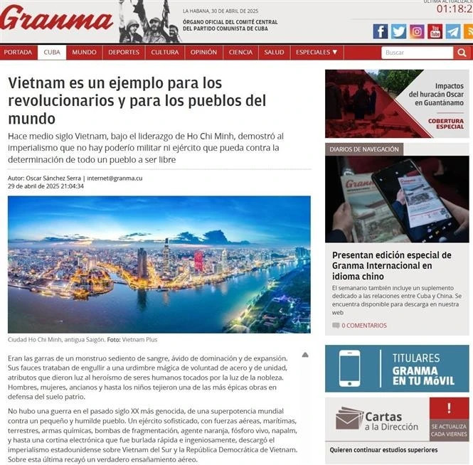 The article entitled “Vietnam es un ejemplo para los revolucionarios y para los pueblos del mundo" (Vietnam is an example for revolutionaries and peoples around the world), on Granma. (Photo: VNA)
