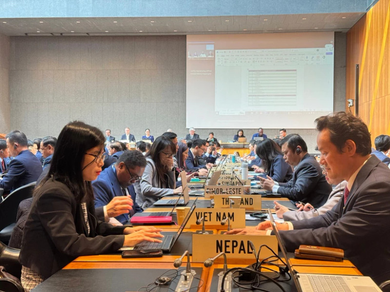 Delegates at the third Trade Policy Review (TPR) session of Cambodia at the World Trade Organisation (WTO) headquarters in Geneva, Switzerland, on March 26. (Photo: VNA)