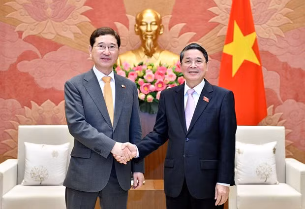 Vice Chairman of the Vietnamese National Assembly Nguyen Duc Hai (right) and Kim Hak-yong, member of the RoK NA and former President of the -Vietnam Friendship Parliamentarians' Group. (Photo: VNA)