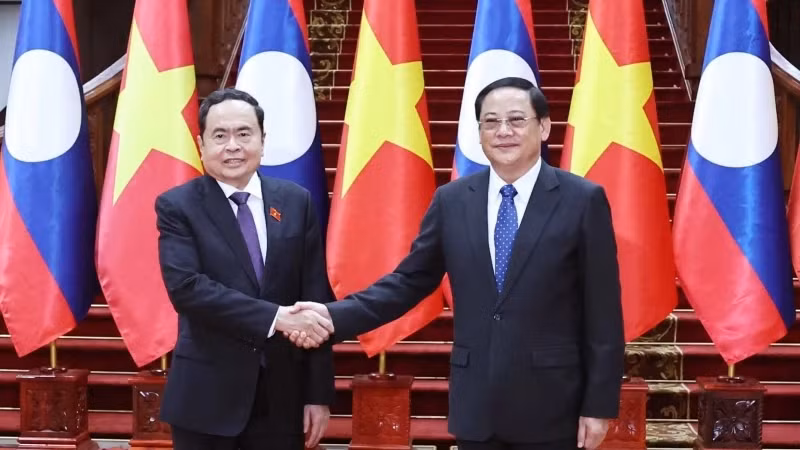 Vietnamese NA Chairman Tran Thanh Man (L) and Lao Prime Minister Sonexay Siphandone at their meeting in Vientiane on October 17 (Photo: VNA)