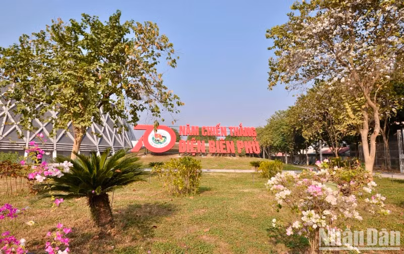 The propaganda banner celebrating the 70th anniversary of Dien Bien Phu Victory is placed at the Dien Bien Phu Victory Museum.