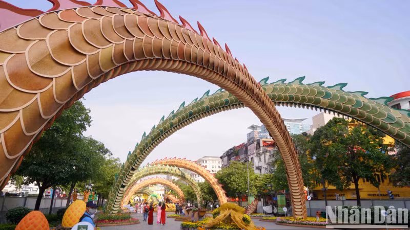 Nguyen Hue Flower Street is 600m long, with the most impressive images of the pair of giant dragon mascots right from the entrance. This is a record-breaking mascot for Nguyen Hue Flower Street.