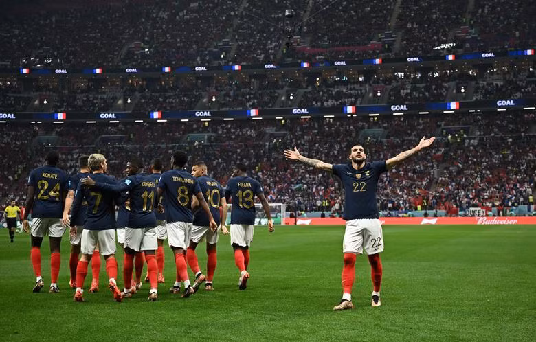 France's Theo Hernandez celebrates scoring their first goal with teammates. (Photo: REUTERS) France's Theo Hernandez celebrates scoring their first goal with teammates. (Photo: REUTERS)