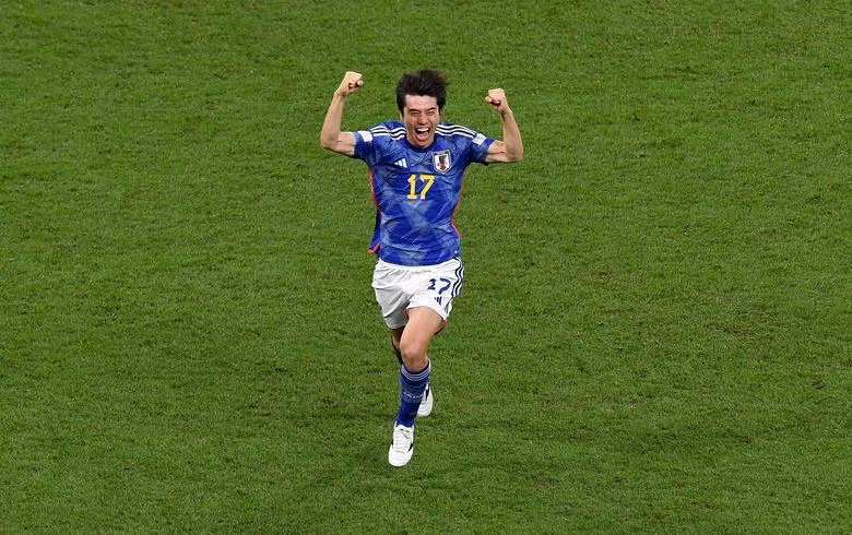 Japan's Ao Tanaka celebrates scoring their second goal against Spain. (Photo: REUTERS)