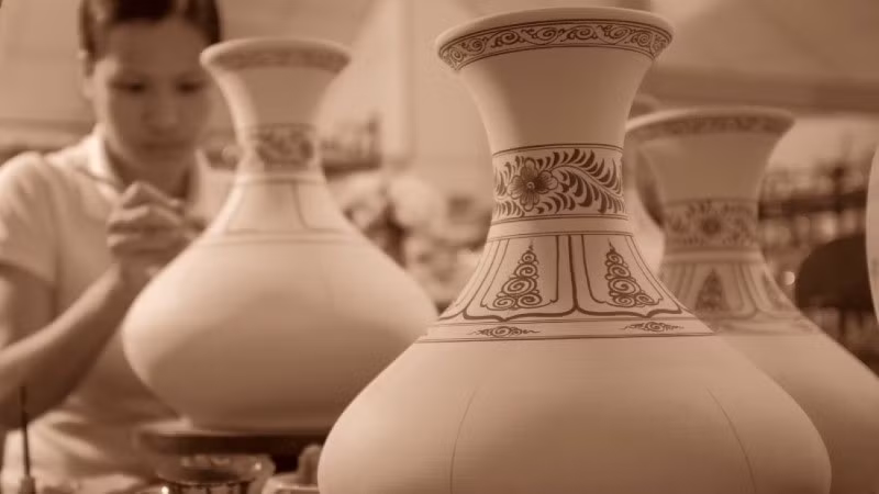 The production line at Bat Trang Pottery Village.