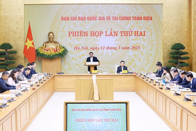 Prime Minister Pham Minh Chinh (C) chairs the second meeting of the National Steering Committee for Financial Inclusion in Hanoi on March 12. (Photo: VNA)