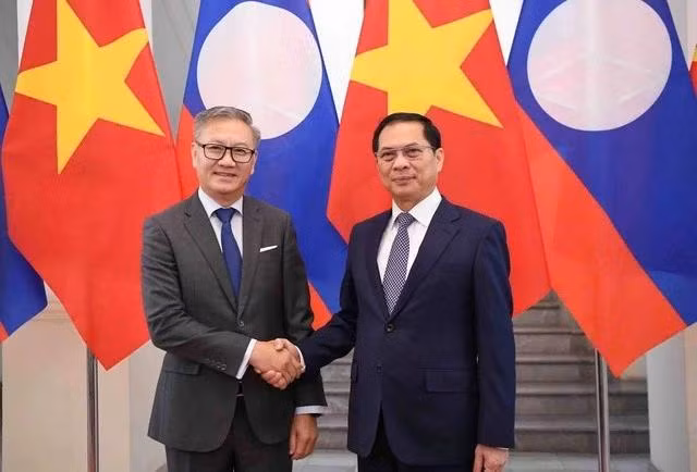 Deputy Prime Minister and Minister of Foreign Affairs Bui Thanh Son holds talks with Lao Minister of Foreign Affairs Thongsavanh Phomvihane in Hanoi on February 14. (Photo: VNA)