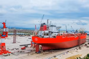 A vessel in the dry dock area at the shipyard, where hull repairs, technical inspections, maintenance and finishing works are carried out simultaneously before the ship returns to service.