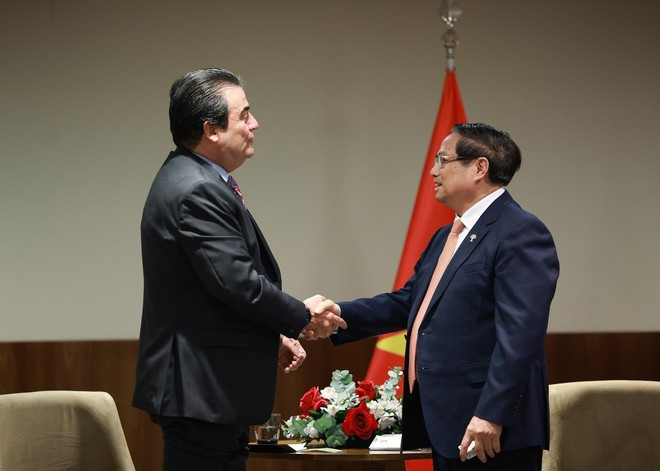 Prime Minister Pham Minh Chinh meets a representative of Alterosa MK in Brazil's Rio de Janeiro city on July 7 (local time).. (Photo: VNA) 080725-tt-tiep-tap-doan-brazil-2.jpg