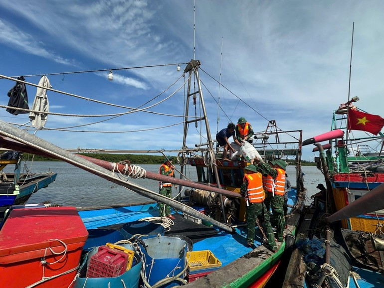 Officers and soldiers of Dien Thanh Border Guard Station guide and support fishermen in mooring their boats to prepare for Typhoon Kajiki. 250825-bao-2.jpg