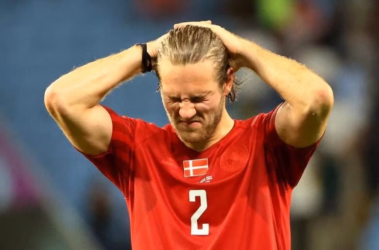 Denmark's Joachim Andersen looks dejected after being eliminated from the World Cup during their match against Australia. REUTERS/Wolfgang Rattay