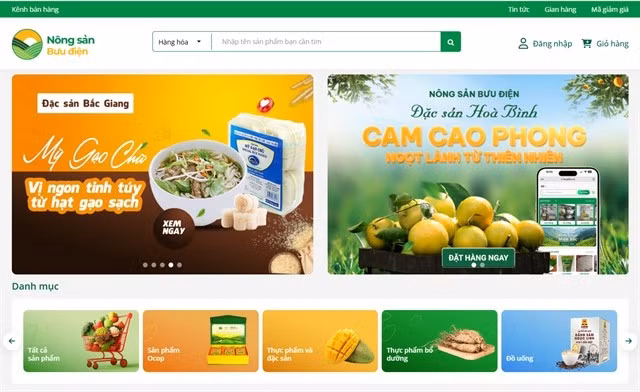 Screenshot of the interface of the platform nongsan.buudien.vn showing promotion banners for agricultural products. (Photo: VNA)