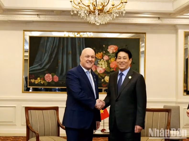 State President Luong Cuong (R) meets with Prime Minister of New Zealand Christopher Luxon in Lima on November 15 (local time). (Photo: NDO)