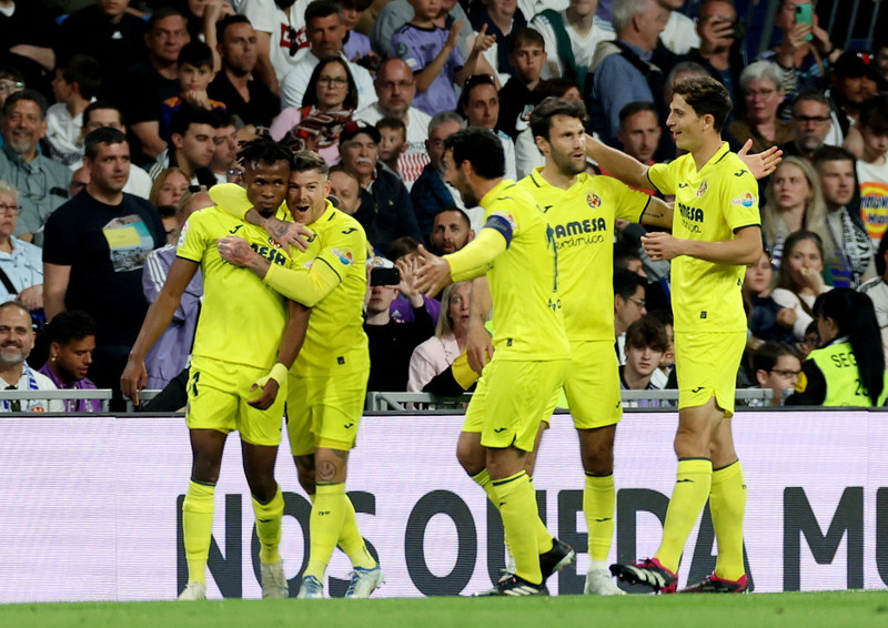 Villarreal's Samu Chukwueze celebrates scoring their third goal with teammates - LaLiga - Real Madrid v Villarreal - Santiago Bernabeu, Madrid, Spain - April 8, 2023. (Photo: Reuters)