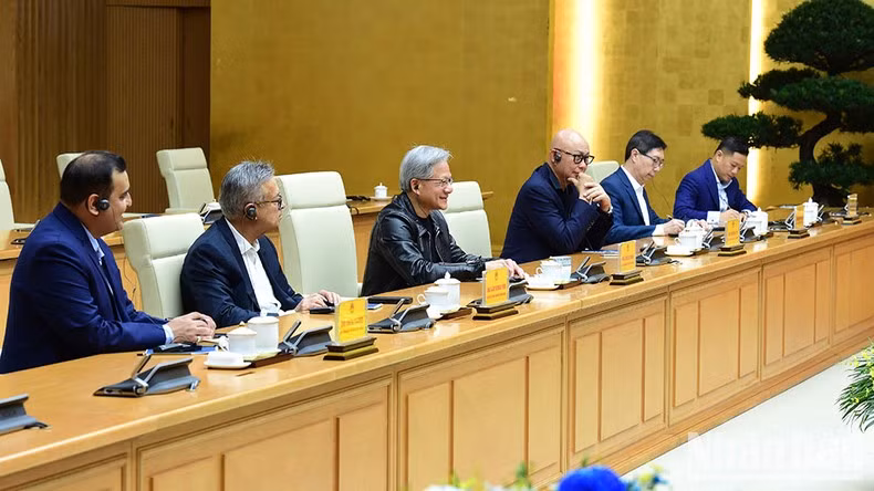 Jensen Huang and members of the Nvidia delegation at the reception.