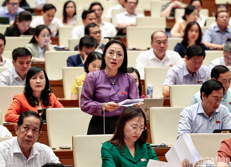 A National Assembly deputy speaks at the meeting. (Photo: Duy Linh)