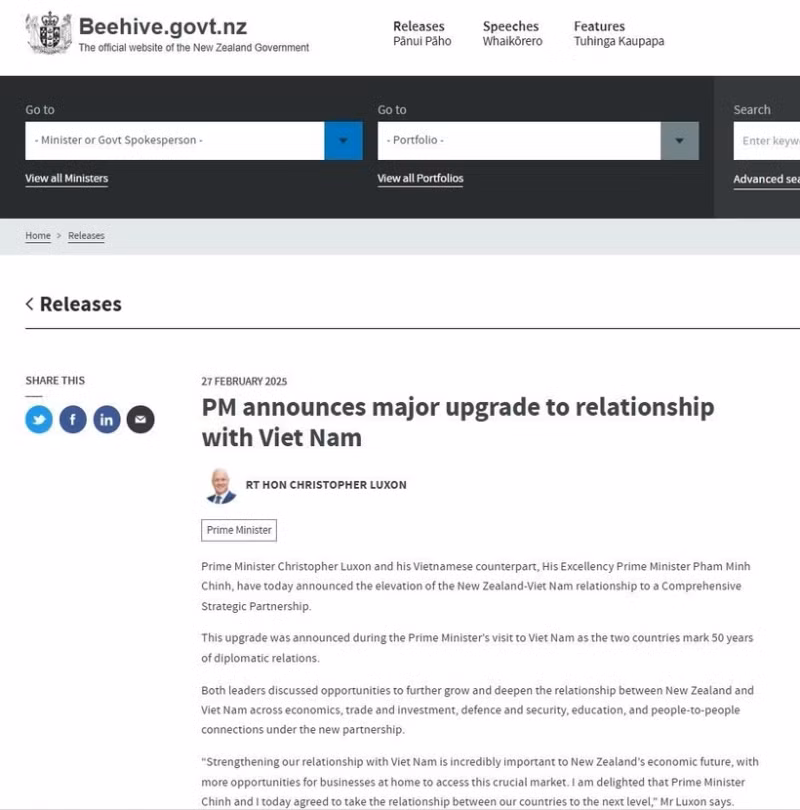 The article on beehive.govt.nz (Photo: VNA) 