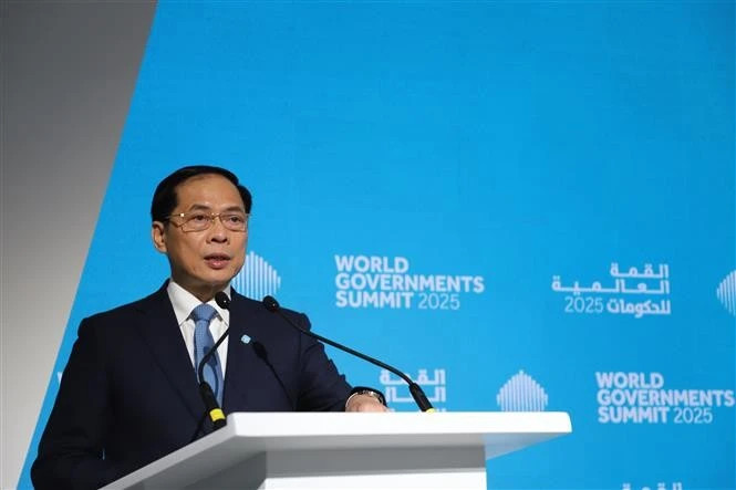 Deputy Prime Minister Bui Thanh Son delivers a speech at the forum themed “Emerging Economies” within the framework of the World Governments Summit 2025 (WGS 2025) in Dubai, the United Arab Emirates (UAE) on February 12 (Photo: VNA) 