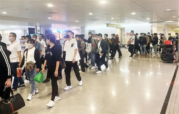 The 60 Vietnamese citizens arrive at Tan Son Nhat International Airport in HCM City on May 30 morning. (Photo: VNA)