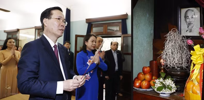 President Vo Van Thuong offers incense to President Ho Chi Minh.