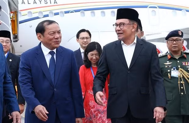 Minister of Culture, Sports and Tourism Nguyen Van Hung welcomes Malaysian Prime Minster Anwar Ibrahim and his spouse at Noi Bai International Airport. (Photo: VNA)