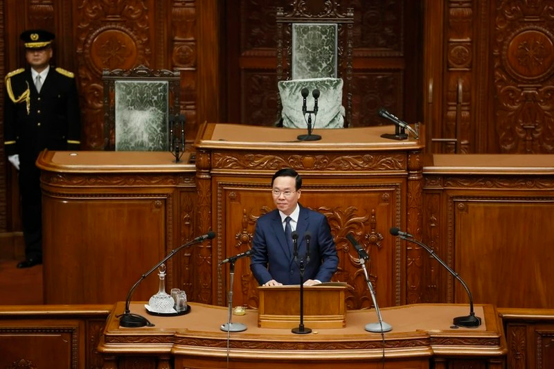Vietnamese President Vo Van Thuong delivers a policy speech at the National Diet of Japan on November 29. (Photo: VNA)