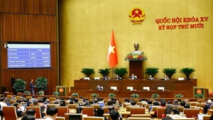 The National Assembly votes to adopt the law amending and supplementing several articles of the Law on International Treaties in Ha Noi on December 10 (Photo: VNA)