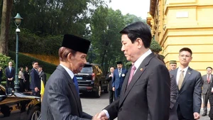 State President Luong Cuong (R) welcomes Sultan of Brunei Haji Hassanal Bolkiah (Photo: VNA) 