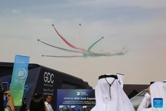 Aircraft perform during the 19th edition of the Dubai Airshow in Dubai, the United Arab Emirates (UAE), Nov. 17, 2025. The 19th edition of the Dubai Airshow opened Monday at Dubai World Central, featuring the Middle East debut of two of China's homegrown C919 aircraft. Organizers said the five-day event, held under the theme "The Future is Here," has drawn more than 1,500 exhibitors, including 440 first-time participants.