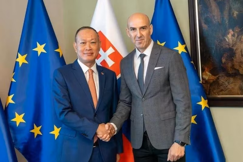 Vietnamese Ambassador to Slovakia Pham Truong Giang (left) and Advisor to the Slovak Minister of Interior Ladislav Csemi at their meeting on May 6 (Photo: VNA)