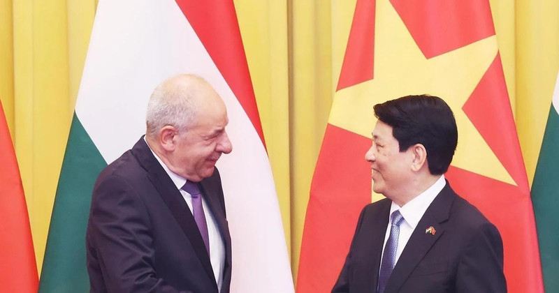 State President Luong Cuong (R) welcomes Hungarian President Sulyok Tamas in Hanoi on May 28. (Photo: VNA)