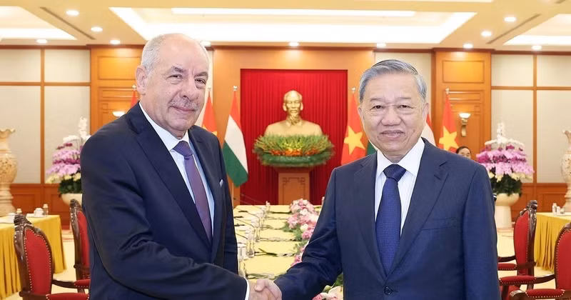 Party General Secretary To Lam (R) receives Hungarian President Sulyok Tamás in Ha Noi on May 28. (Photo: VNA)
