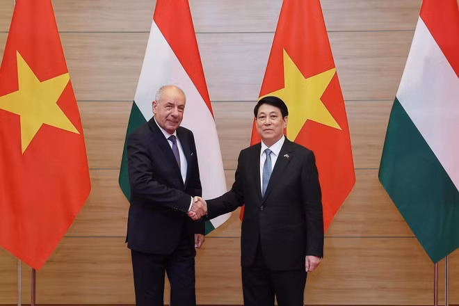 Vietnamese President Luong Cuong (R) welcomes Hungarian President Sulyok Tamas at the banquet. (Photo: VNA)