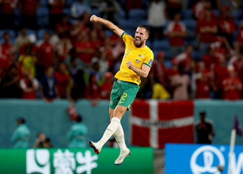 Australia's Milos Degenek celebrates after qualifying for the knockout stages during their match against Denmark. REUTERS/John Sibley