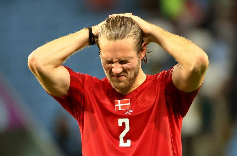 Denmark's Joachim Andersen looks dejected after being eliminated from the World Cup during their match against Australia. REUTERS/Wolfgang Rattay