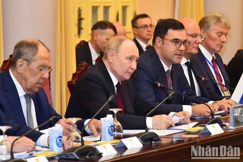 Russian President Vladimir Putin speaks during the talks.