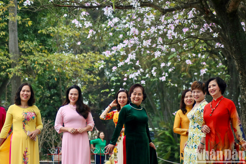 The beauty of the flowers attracts many people to pose for photos.
