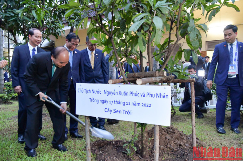 President Nguyen Xuan Phuc plants a tree on the premises of the Vietnamese Embassy in Thailand.