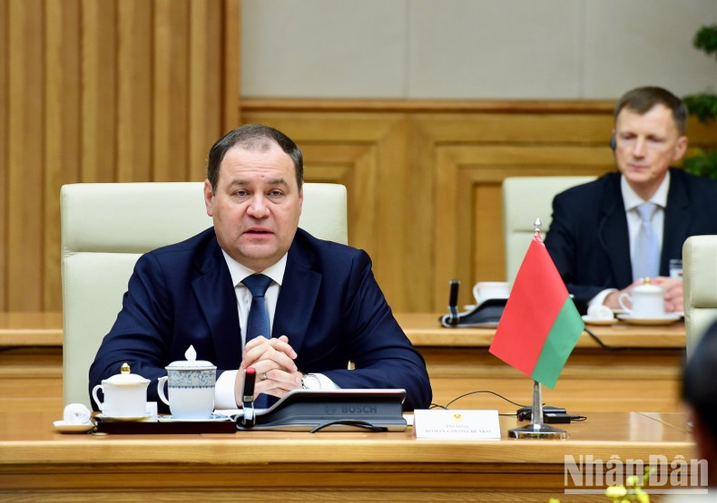 Belarusian Prime Minister Roman Golovchenko speaks at the talks.
