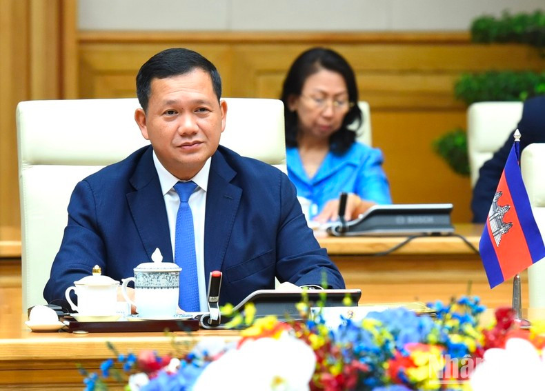 Cambodian Prime Minister Hun Manet speaks at the talks.