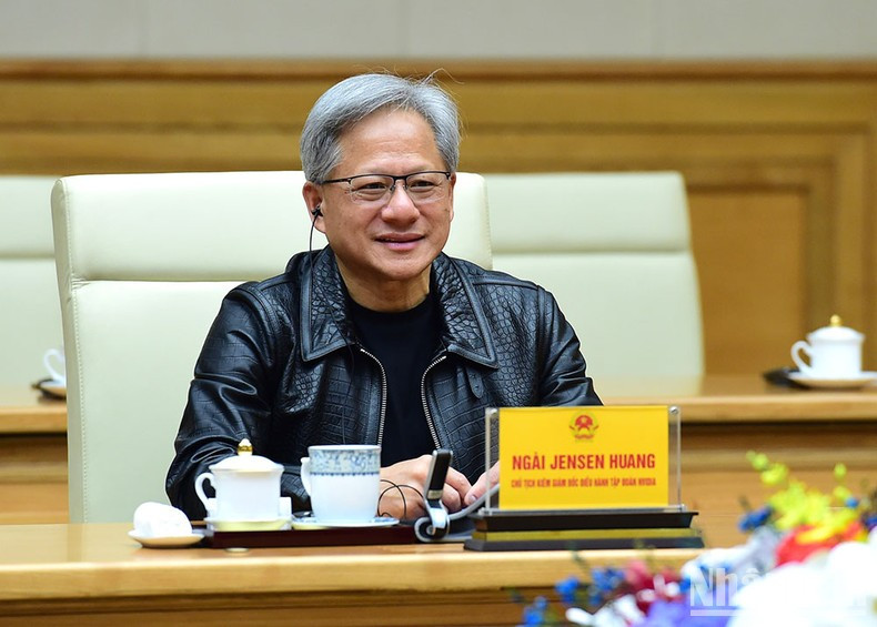 Nvidia President and CEO Jensen Huang speaks at the reception.