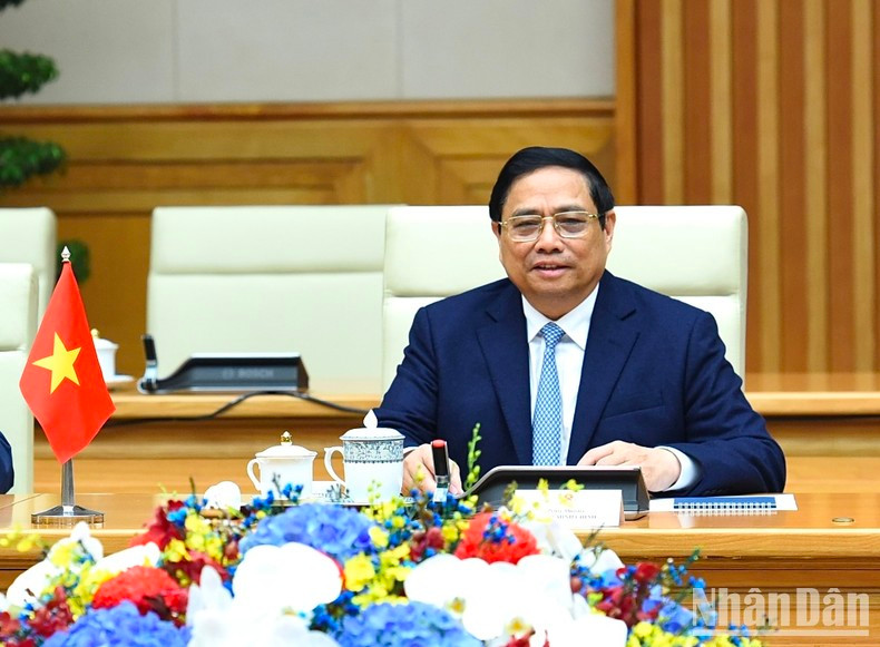 Prime Minister Pham Minh Chinh speaks during the talks with his Cambodian counterpart Hun Manet.