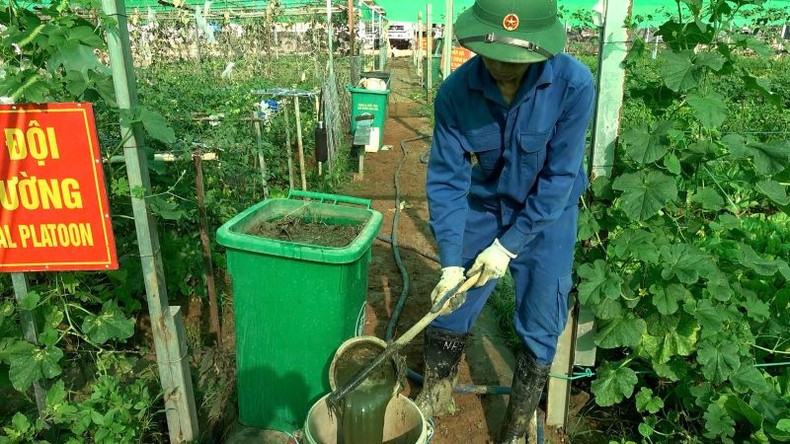 The unit’s officers and personnel improve soil quality by collecting and soaking chopped vegetation, utilising organic kitchen waste as green fertiliser to enhance fertility.