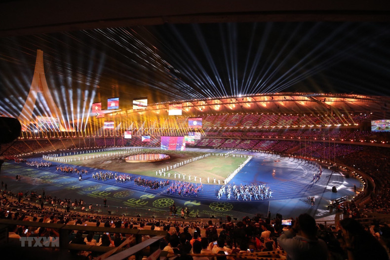 Morodok Techo Stadium is lit up at the closing ceremony of the 32nd SEA Games. Morodok Techo Stadium is lit up at the closing ceremony of the 32nd SEA Games.