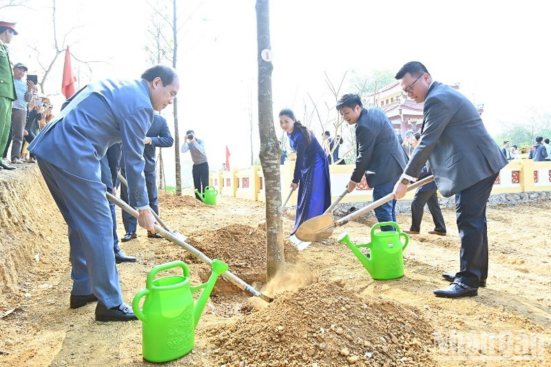 Nhan Dan and Tuyen Quang leaders plant a memorial tree at the stele pavilion site.