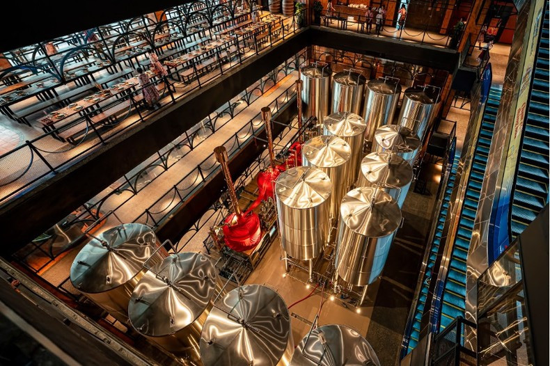 Close-up of the modern brewing equipment at Ba Na Brew House.