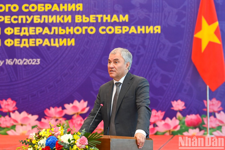 Chairman of the Russian State Duma Vyacheslav Viktorovich Volodin delivers his opening speech.