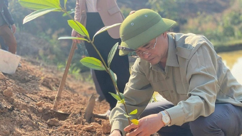 Local leaders join farmers in planting trees. (Photo: THANH DAT)